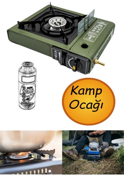 Taşınabilir Portatif Kamp Ocağı Tek Gözlü Yeşil Renk Kartuşlu Tüp Bağlantılı Gezi Piknik Ocak Mft.