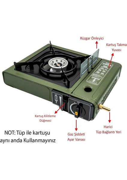 Taşınabilir Portatif Kamp Ocağı Tek Gözlü Yeşil Renk Kartuşlu Tüp Bağlantılı Gezi Piknik Ocak Mft. fiyatları