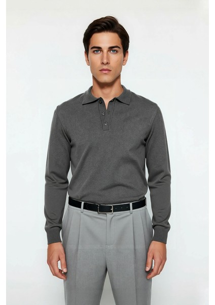 Erkek Smart Casual Polo Yaka Düz Triko Kazak Kış Kombinlerine Modern Bir Dokunuş Kaliteli Şık