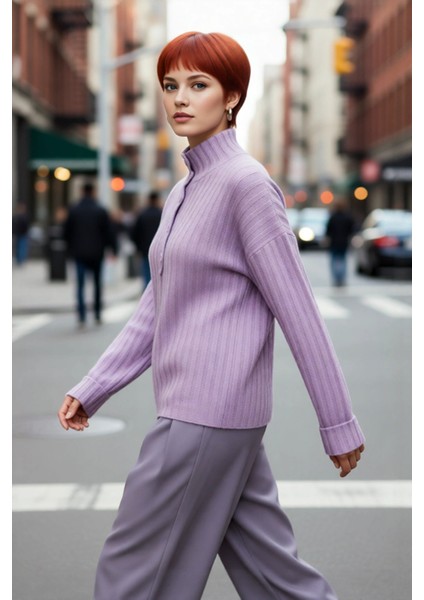 Kadın Casual Fitilli Triko Kazak Orta Kalınlık Dik Yaka Düşük Kol Rahat ve Trend Kış Stili fırsatları