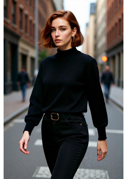 Kadın Dik Yaka Dokulu Balon Kol Regular Kalıp Akrilik Triko Kazak Günlük ve Rahat Kış Kombinleri fırsatları