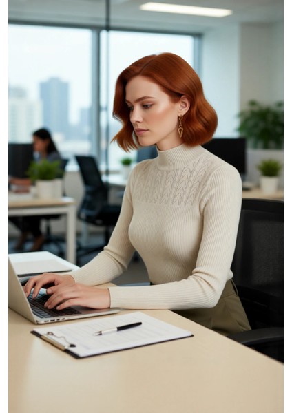 Kadın Ince Yapılı Dik Yaka Ajurlu Detaylı Triko Kazak Fitted Kesimiyle Gün Boyu Rahatlık Sunar