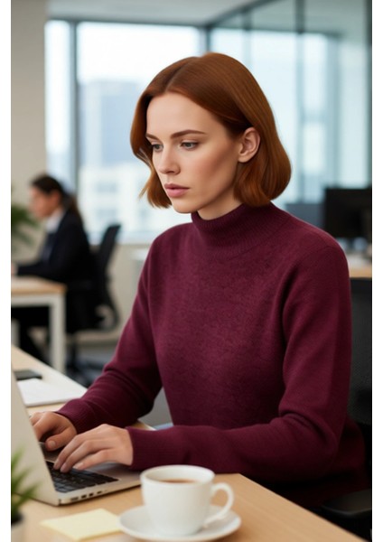 Kadın Cool Comfort Oversize Dik Yaka Triko Kazak Basic Rahat Kışlık Bordo Günlük Şıklığı Tamamlar