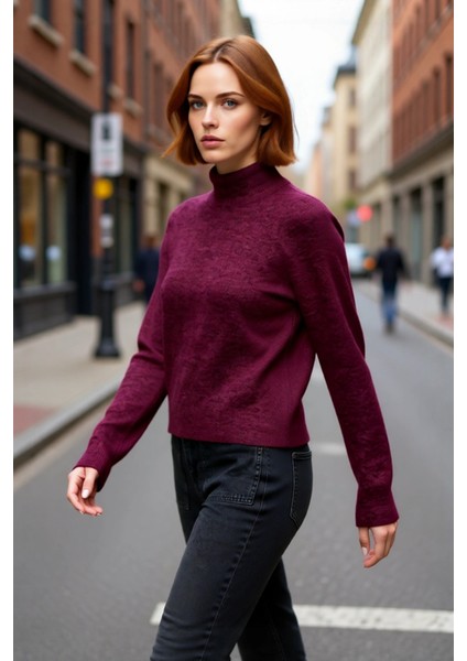 Kadın Cool Comfort Oversize Dik Yaka Triko Kazak Basic Rahat Kışlık Bordo Günlük Şıklığı Tamamlar fırsatları