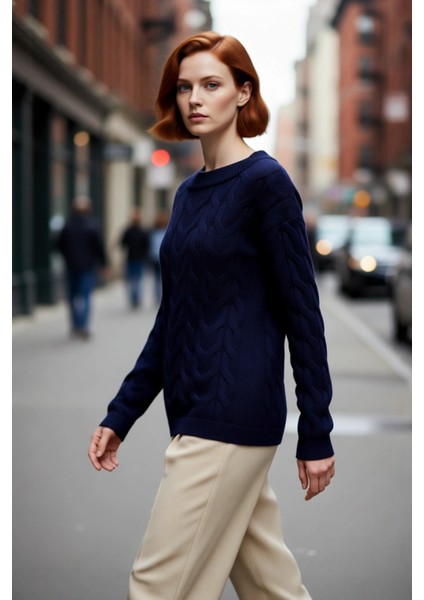 Kadınlara Özel Kayık Yaka Saç Örgü Desenli Regular Kalıp Uzun Kollu %100 Akrilik Triko Kazak modelleri