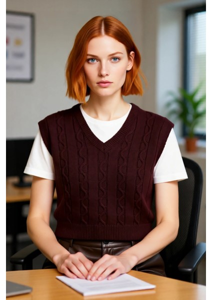 Kadınlara Özel Regular Kalıp V Yaka Saç Örgü Desenli Crop Kolsuz Triko Süveter Şıklığı Kaliteli fırsatları