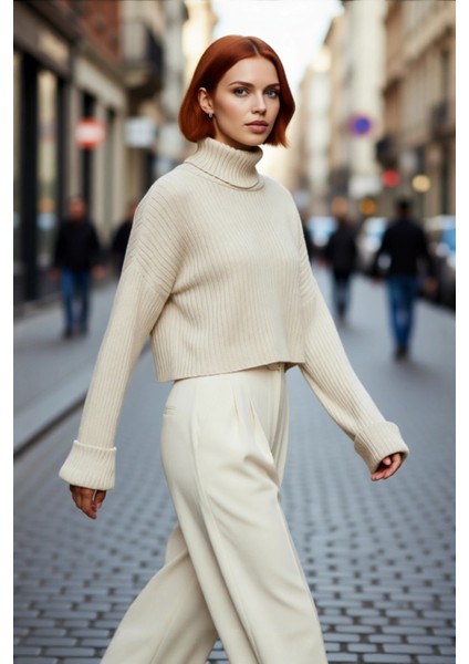 Kadın Oversize Super Crop Balıkçı Yaka Akrilik Triko Kazak Kışlık Günlük Stilinize Yenilik fırsatları