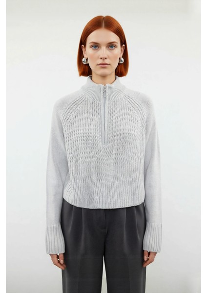 Kadın Selanik Dokuma Regular Kalıp Crop Dik Yaka Fermuarlı Uzun Kollu Triko Kazak Günlük Şıklık fiyatları