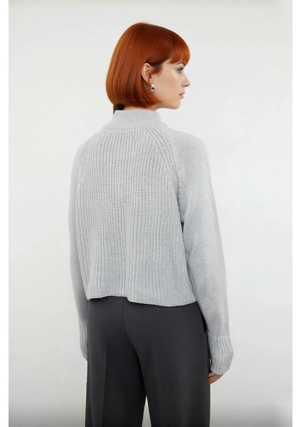 Kadın Selanik Dokuma Regular Kalıp Crop Dik Yaka Fermuarlı Uzun Kollu Triko Kazak Günlük Şıklık modelleri