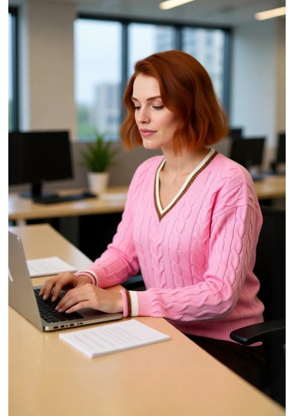 Kadın Şık V Yaka Kolej Temalı Triko Kazak Regular Kalıp Rahat Kullanım Orta Kalınlık Gündelik