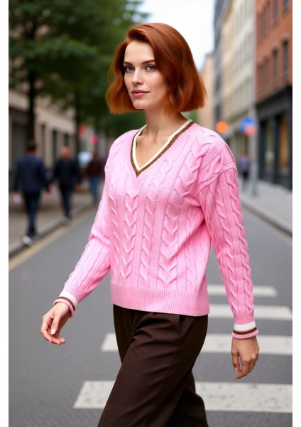 Kadın Şık V Yaka Kolej Temalı Triko Kazak Regular Kalıp Rahat Kullanım Orta Kalınlık Gündelik fırsatları