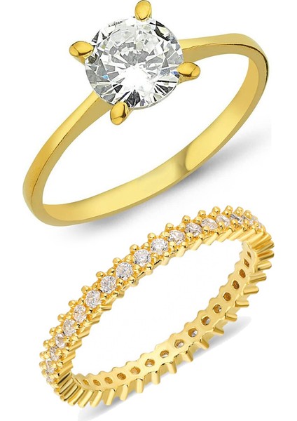 Altın Renk Gümüş Tektaş ve Tamtur Yüzük Set Sevgiliye Hediye WSR95SR