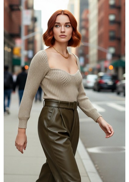 Kadın Kalp Yaka Crop Triko Kazak Regular Kalıp Uzun Kollu Fitilli Akrilik Günlük Şık Giyim modelleri