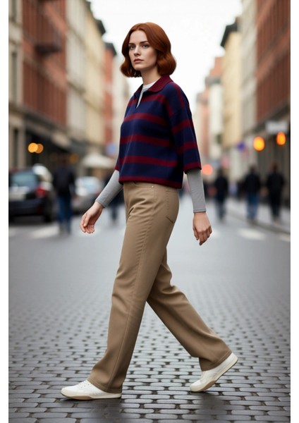 Kadın Truvakar Kol Polo Yaka Çizgili Triko Kazak Basic Rahat Kesimiyle Şık ve Konforlu Günler Için modelleri