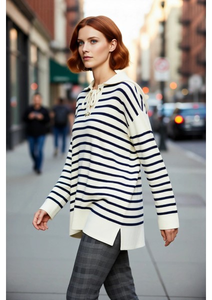 Kadın Günlük Relaxed Kalıp Çizgili Bağcıklı Yaka Triko Kazak Konforlu ve Şık Bir Tarz Sunar fırsatları