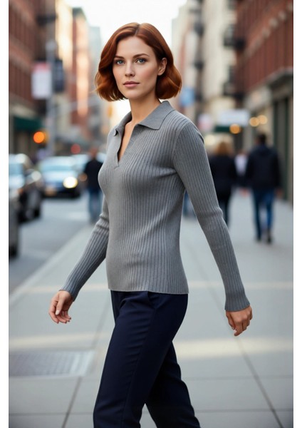 Kadın Polo Yaka Fitilli Triko Kazak Modern Fitted Tasarımıyla Casual Şıklığı Soğuk Havalarda modelleri