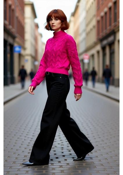 Kadın Oversize Balon Kol Dik Yaka Saç Örgü Crop Akrilik Triko Kazak Kış Modasına Uyumlu Kaliteli modelleri