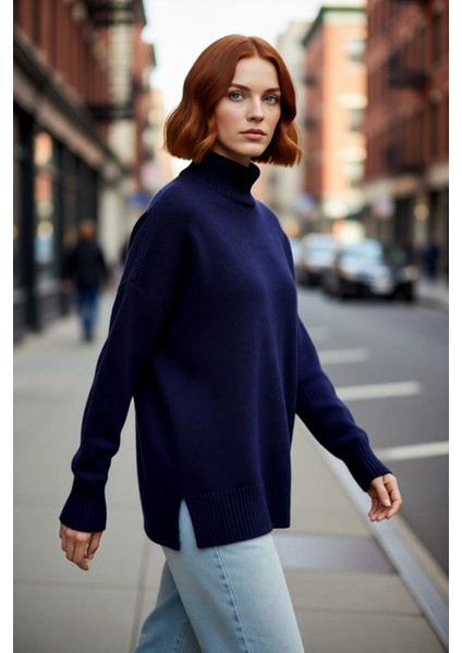 Kadın Günlük Oversize Düşük Kol Dik Yaka Uzun Triko Kazak Kışlık Şık Basic Rahatlık Sunar Kaliteli fırsatları