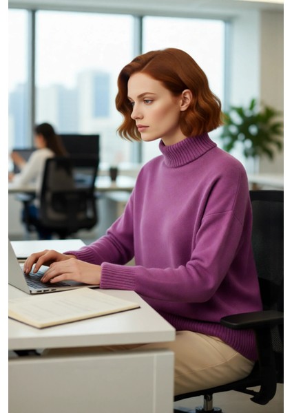 Kadın Günlük Oversize Düşük Kol Dik Yaka Uzun Triko Kazak Kışlık Şık Basic Rahatlık Sunar Kaliteli