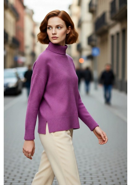 Kadın Günlük Oversize Düşük Kol Dik Yaka Uzun Triko Kazak Kışlık Şık Basic Rahatlık Sunar Kaliteli fırsatları