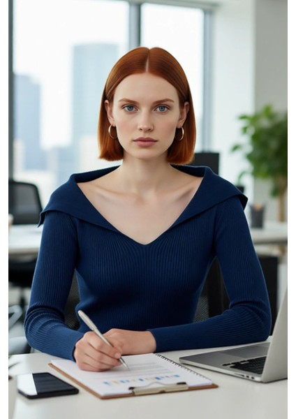 Kadın Modern Fitted Triko Bluz Devrik Carmen Yaka Ince Fitilli Dokuma Uzun Kol Crop Tasarım