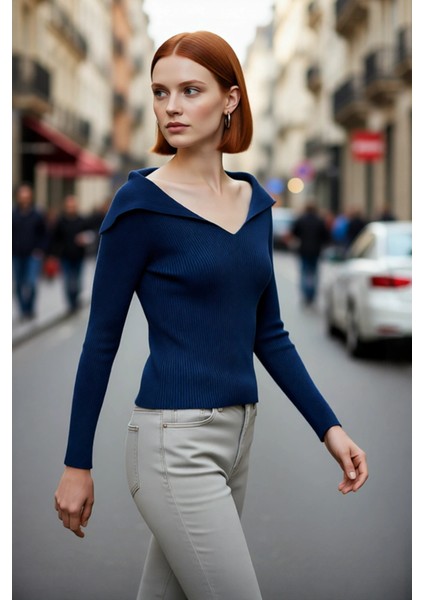 Kadın Modern Fitted Triko Bluz Devrik Carmen Yaka Ince Fitilli Dokuma Uzun Kol Crop Tasarım fırsatları