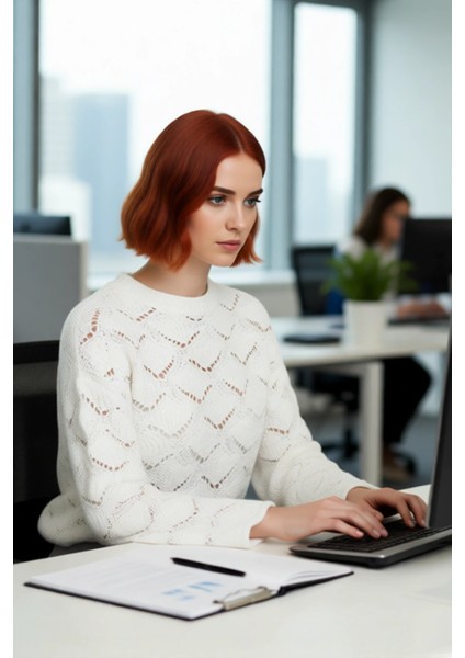 Şık Kadın Oversize Ajurlu Bisiklet Yaka Uzun Kol Triko Kazak Soğuk Havalarda Konfor Sunar Kaliteli fırsatları