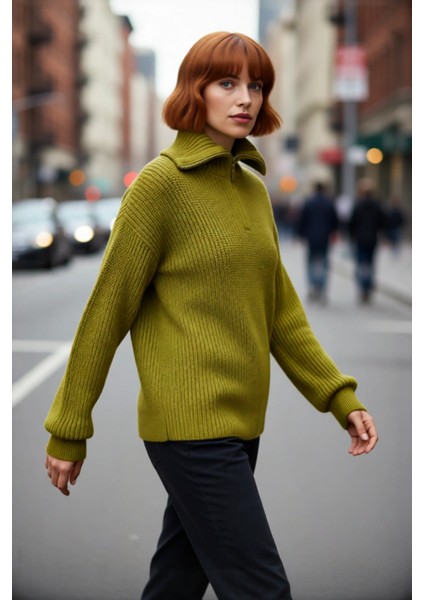 Kadın Casual Regular Kalıp Selanik Dokuma Uzun Kollu Triko Kazak Fermuarlı Dik Yaka Soğuk Havalar modelleri