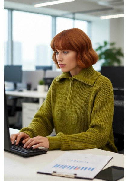 Kadın Casual Regular Kalıp Selanik Dokuma Uzun Kollu Triko Kazak Fermuarlı Dik Yaka Soğuk Havalar fırsatları