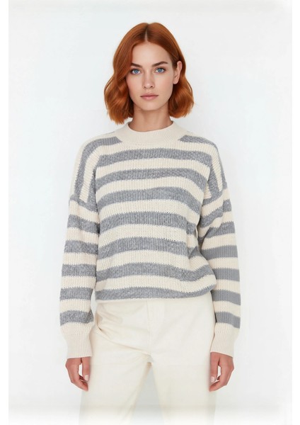 Kadın Oversize Kesim Bej Gri Çizgili Bisiklet Yaka Akrilik Triko Kazak Kışlık Konforu Kaliteli fiyatları
