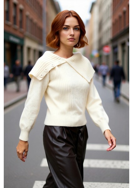 Kadınlara Özel Ekru Yumuşak Akrilik Devrik Yakalı Triko Kazak Kışlık Günlük Giyimde Şık Bir Dokunuş fırsatları