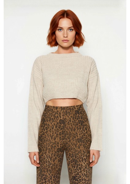 Kadın Düz Desen Regular Kalıp Triko Super Crop Bisiklet Yaka Uzun Kol Kazak Casual Tarz Kaliteli