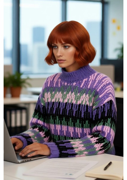 Kadınlara Özel Oversize Dik Yaka Etnik Desenli Kalın Triko Kazak Kış Şıklığı Için Crop Kesim fırsatları