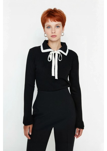 Kadın Akrilik Triko Kazak Polo Yaka Detaylı Renk Bloklu Uzun Kollu Kış Sezonu Için Şık ve Rahat fiyatları