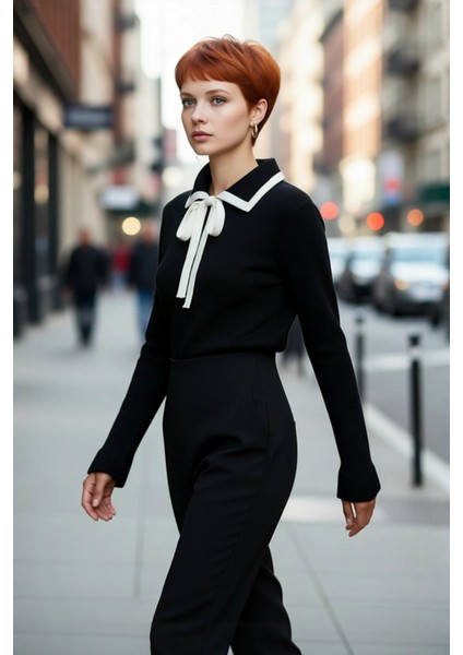 Kadın Akrilik Triko Kazak Polo Yaka Detaylı Renk Bloklu Uzun Kollu Kış Sezonu Için Şık ve Rahat fırsatları