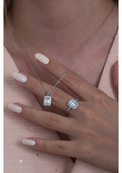 Gümüş Tek Taş Baget Set Kolye Yüzük J Küpe WSS12