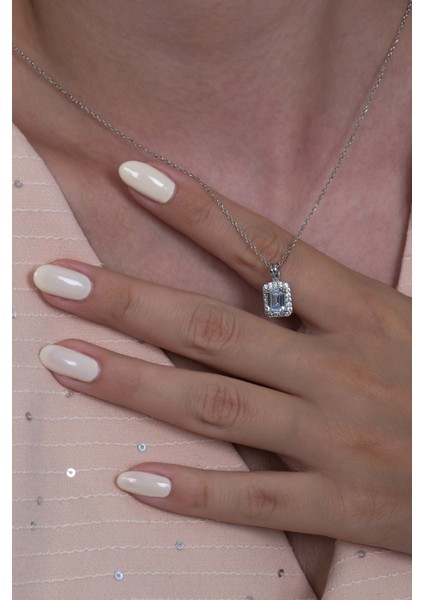 Gümüş Tek Taş Baget Set Kolye Yüzük J Küpe WSS12