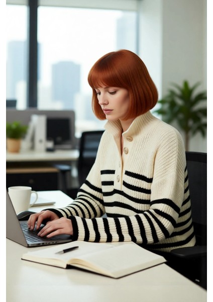 Kadın Düşük Kol Çizgili Dik Yaka Oversize Triko Kazak Rahat Crop Kesim Kış Modası Kaliteli