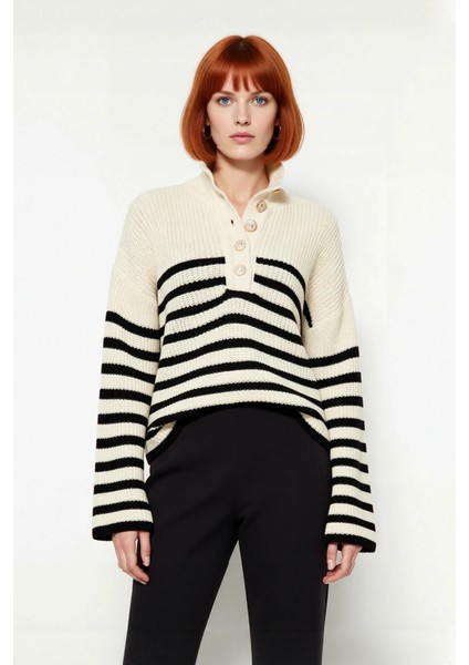 Kadın Düşük Kol Çizgili Dik Yaka Oversize Triko Kazak Rahat Crop Kesim Kış Modası Kaliteli fiyatları