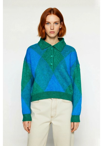 Kadınlara Özel Rahat Oversize Polo Yaka Baklava Desenli Triko Kazak Sonbahar Kış Şıklığı Sunar