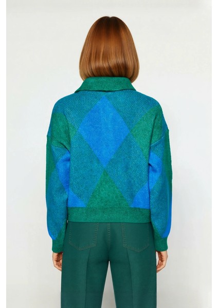 Kadınlara Özel Rahat Oversize Polo Yaka Baklava Desenli Triko Kazak Sonbahar Kış Şıklığı Sunar fiyatları