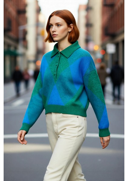 Kadınlara Özel Rahat Oversize Polo Yaka Baklava Desenli Triko Kazak Sonbahar Kış Şıklığı Sunar modelleri