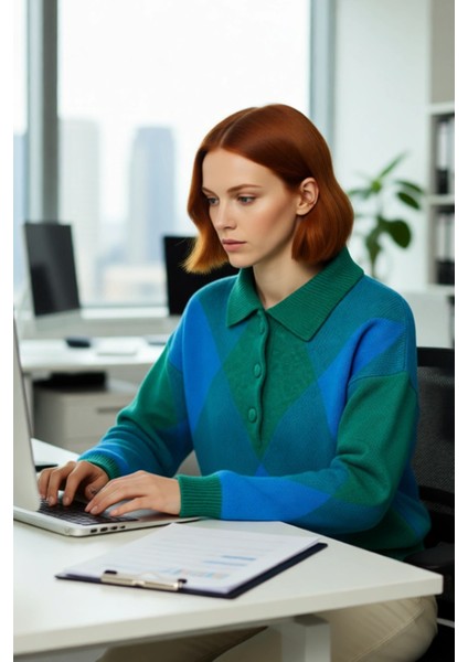 Kadınlara Özel Rahat Oversize Polo Yaka Baklava Desenli Triko Kazak Sonbahar Kış Şıklığı Sunar fırsatları