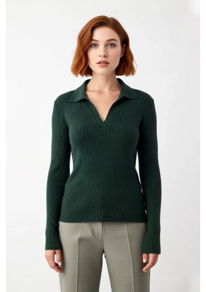 Kadın Polo Yaka Fitilli Triko Kazak Modern Fitted Tasarımıyla Casual Şıklığı Soğuk Havalarda
