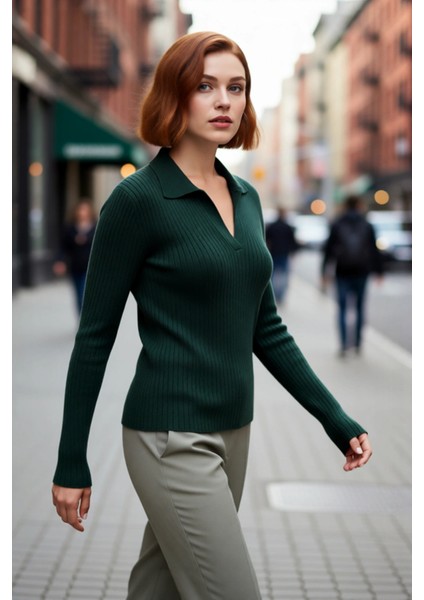 Kadın Polo Yaka Fitilli Triko Kazak Modern Fitted Tasarımıyla Casual Şıklığı Soğuk Havalarda modelleri