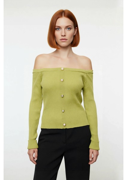 Kadınlar Için Omuz Açık Fitted Kalıp Akrilik Uzun Kollu Fitilli Triko Bluz Şıklığı Kaliteli