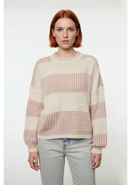 Kadın Rahat Kalıp Düşük Kol Bisiklet Yaka Renk Bloklu Akrilik Triko Kazak Günlük Kullanım Şıklığı.