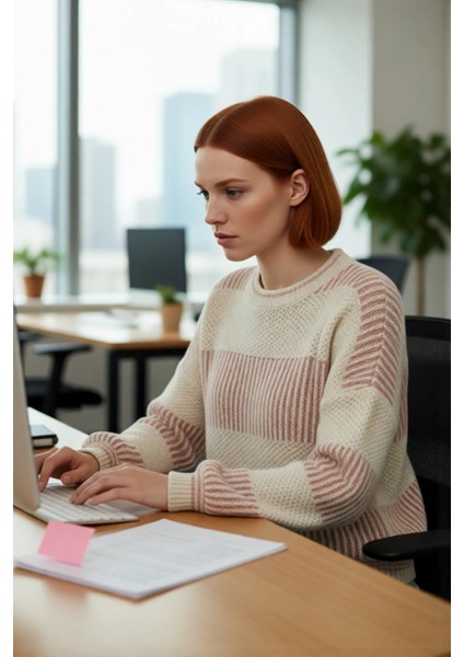 Kadın Rahat Kalıp Düşük Kol Bisiklet Yaka Renk Bloklu Akrilik Triko Kazak Günlük Kullanım Şıklığı. fırsatları