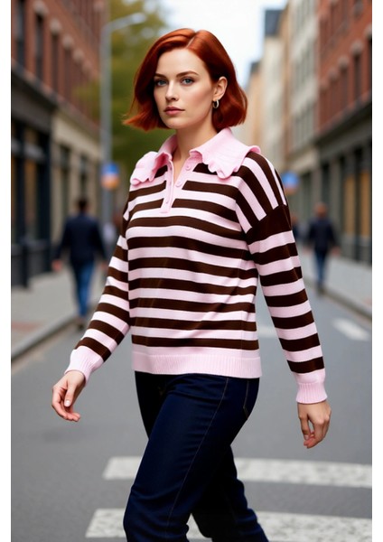 Kadınlara Özel Bebe Yaka Çizgili Triko Kazak Regular Kalıp Uzun Kol Günlük Kış Konforu Kaliteli fırsatları