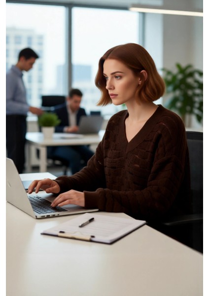 Kadın Casual Stiller Için Oversize Simli Ajurlu V Yaka Triko Kazak Düşük Kol Konforlu Tasarım